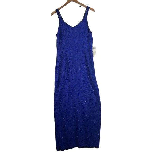 NWT Shalimar Silk Beaded Gown Med Blue Dress Evening Glam Artsy Elegant Maxi 90s